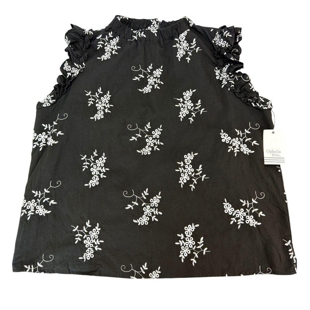 Ophelia Roe Black and White Floral Eyelet Sleeveless Top Ruffle Detail 1X Summer